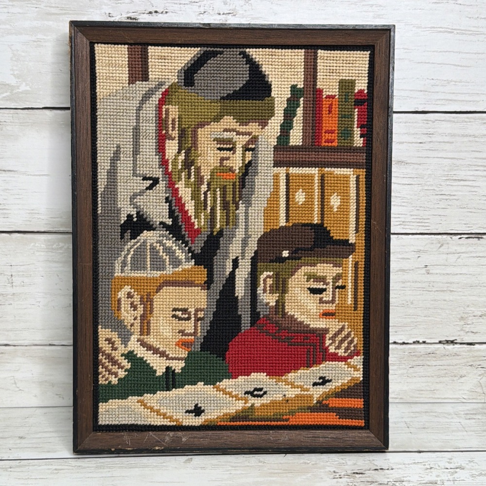 Vintage Judaica Needlepoint Framed Art Jewish Rabbi Teaching Children Torah